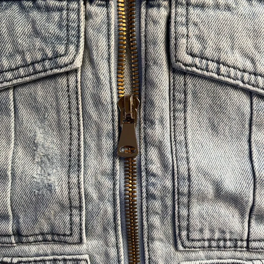 NWT Homme + Femme Light Wash distressed denim Work jacket Sz S Full zip
